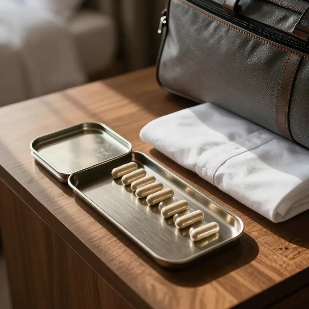 Open travel tin with trace mineral capsules beside a weekender bag and folded shirt on a hotel desk.
