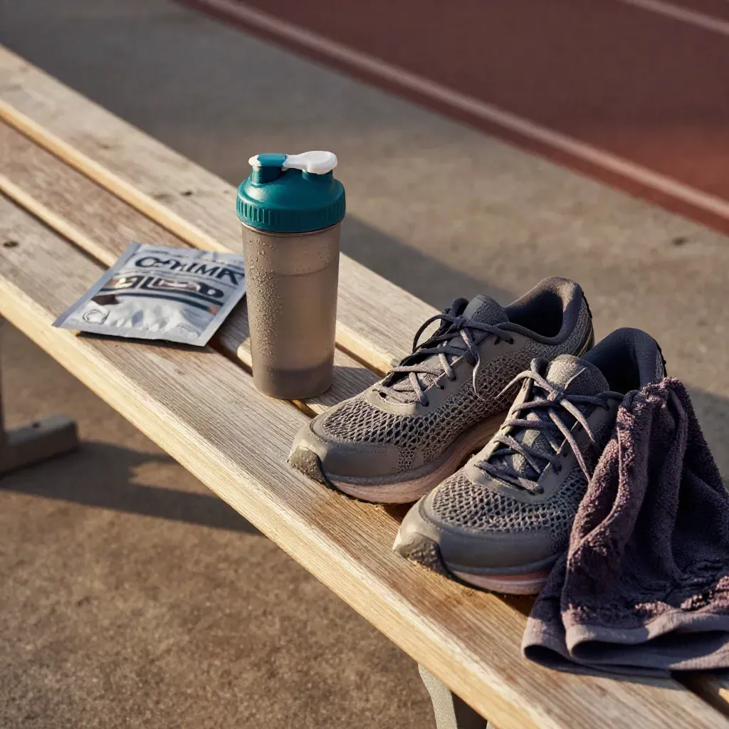Post-run electrolyte powder, shaker bottle, running shoes and towel on a sunlit bench.