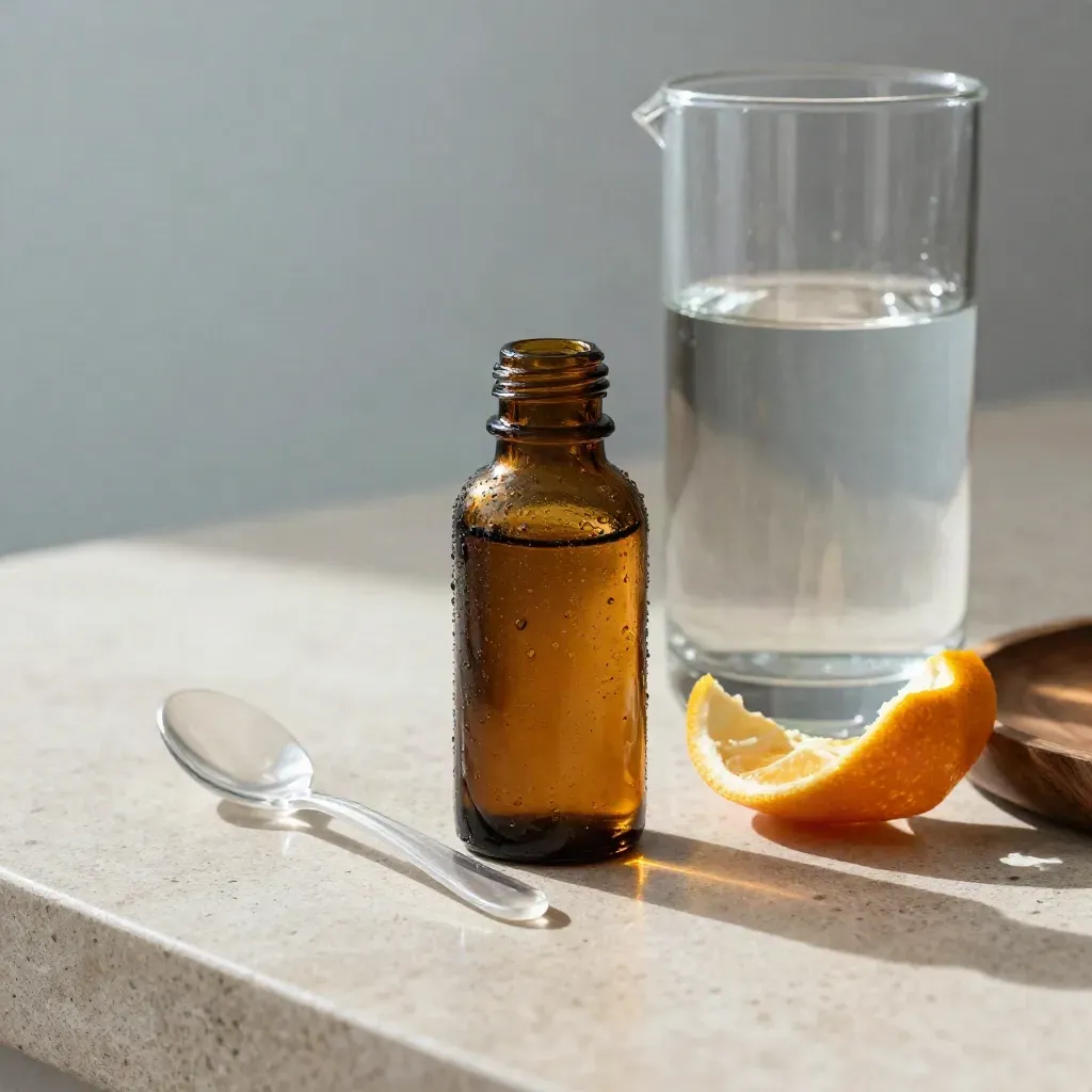 Mineral drops bottle beside a water pitcher, spoon and citrus peel on pale stone.