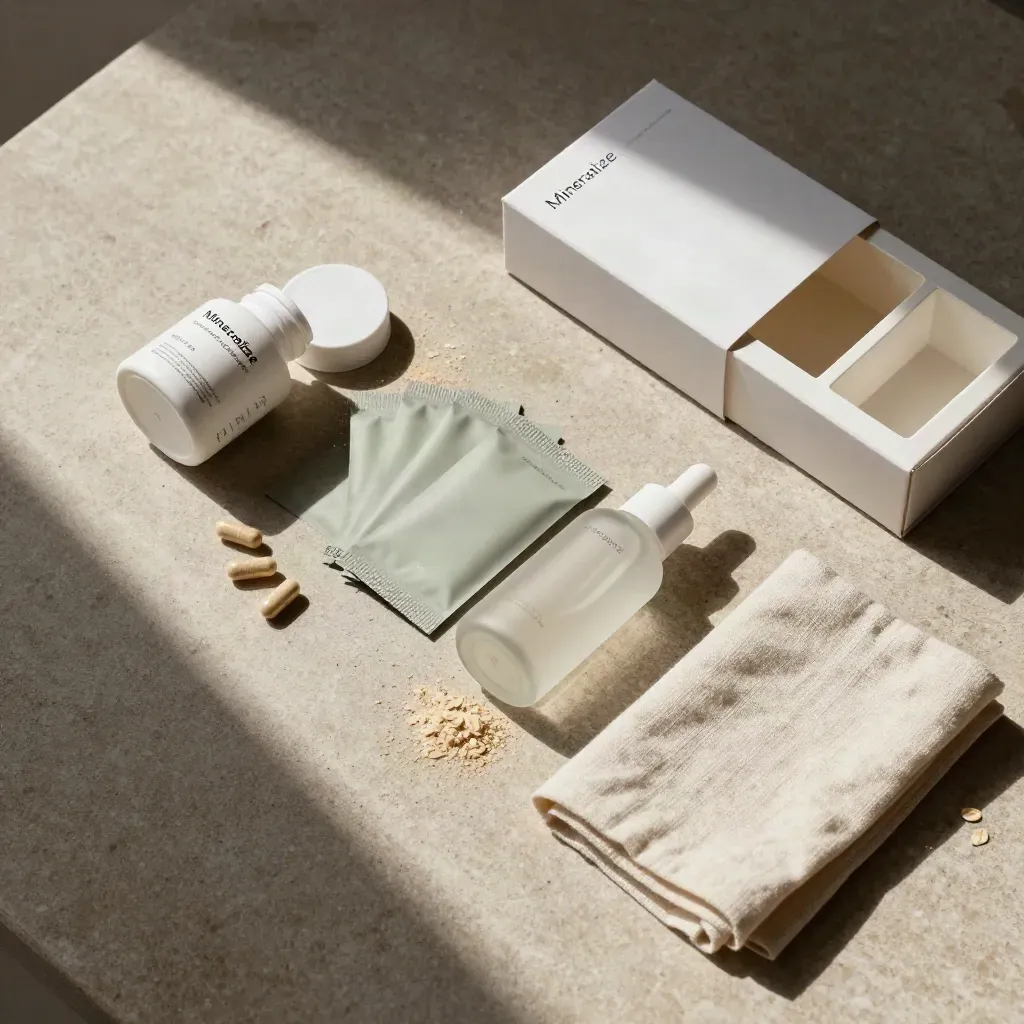 Overhead hydration bundle with capsules, powder sachets, drop bottle and folded linen on stone.