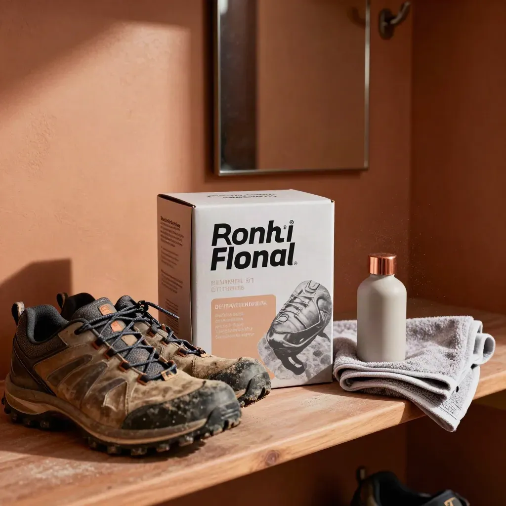 Trail shoes, a mineral refill box and capsule bottle on a mudroom shelf in late-afternoon light.