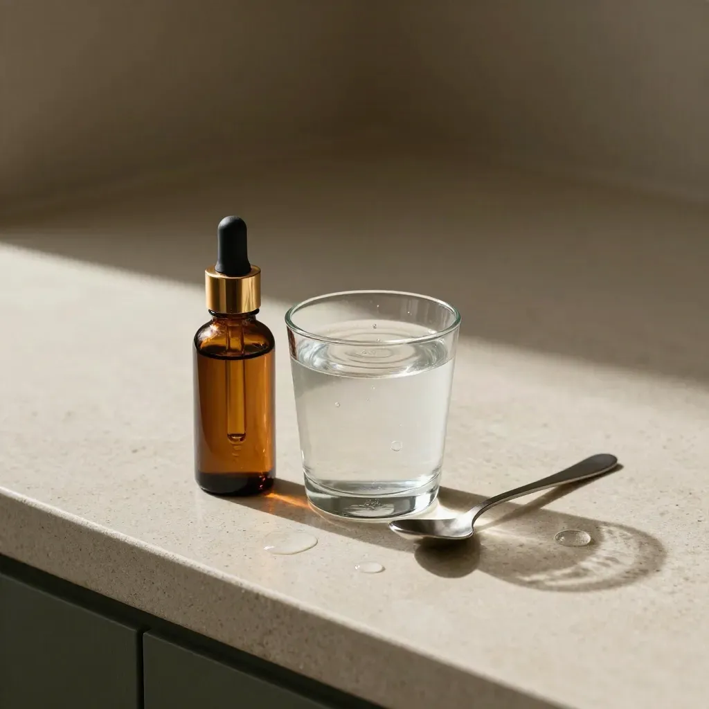 Amber dropper bottle, water glass with ripples, and spoon on a stone counter