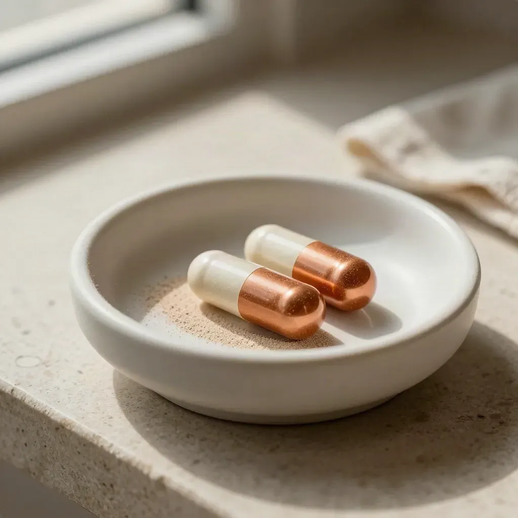 Close-up of zinc and copper capsules in a ceramic bowl on rumpled linen in warm morning light.